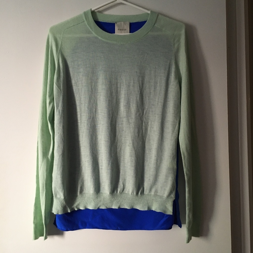 MASON 100% Cashmere Mint Green Sweater 100% Silk Blue Back S